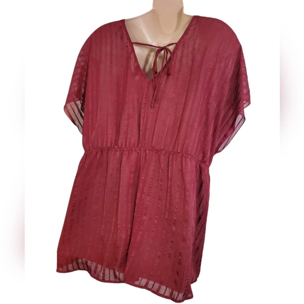 Torrid Burgundy Striped Surplice Babydoll Blouse Short Sleeve ~ New With Tags - Picture 8 of 12